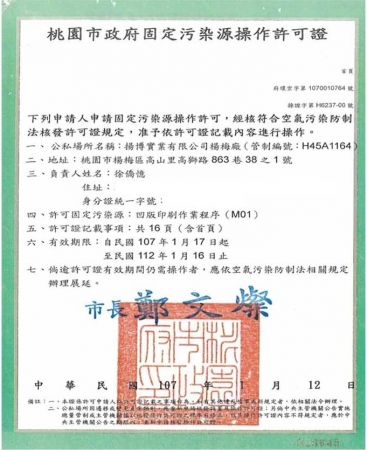 2018年1月17號經環保局許可，取得空污許可證。